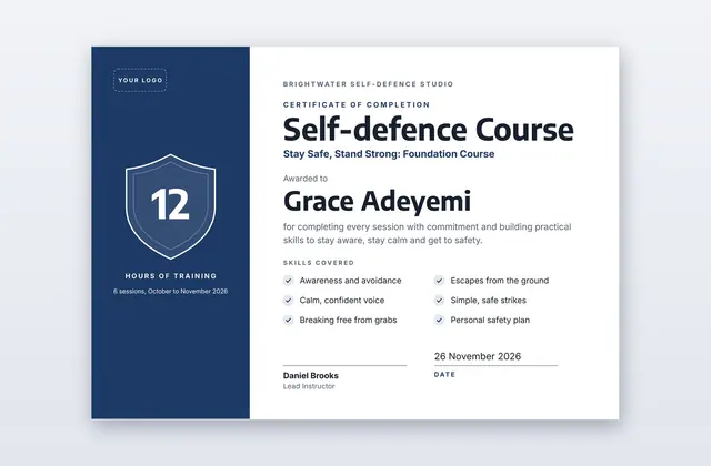 Free Self-defence Course Certificate Template – Deflect