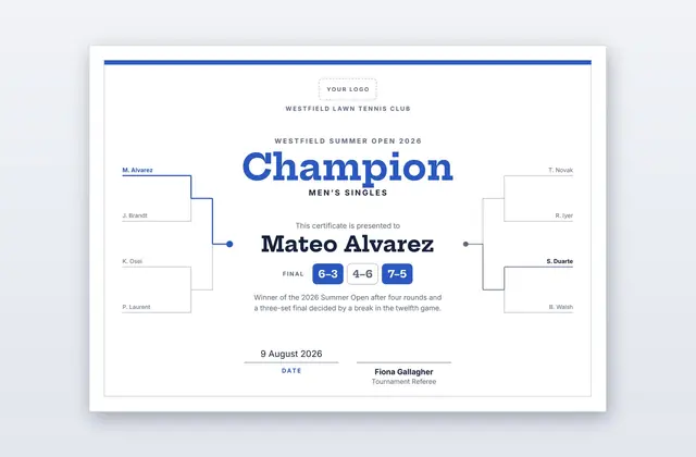 Free Tennis Tournament Champion Certificate Template – Final Draw