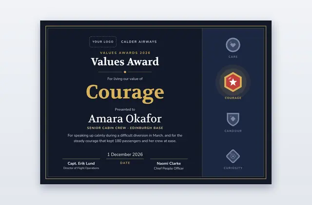Free Company Values Award Certificate Template – Virtue