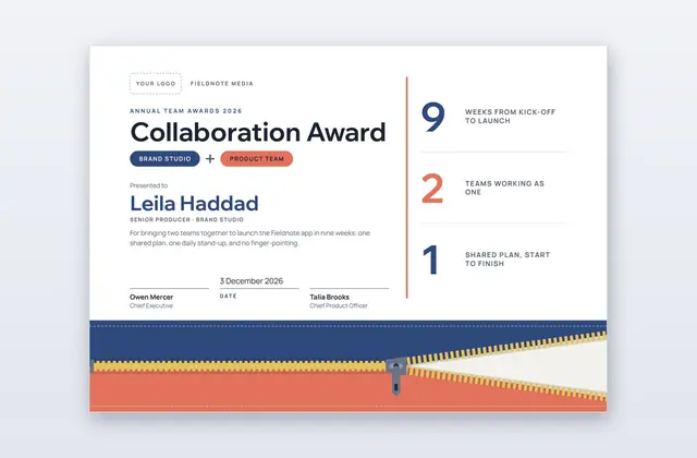 Free Collaboration Award Certificate Template – Zipper
