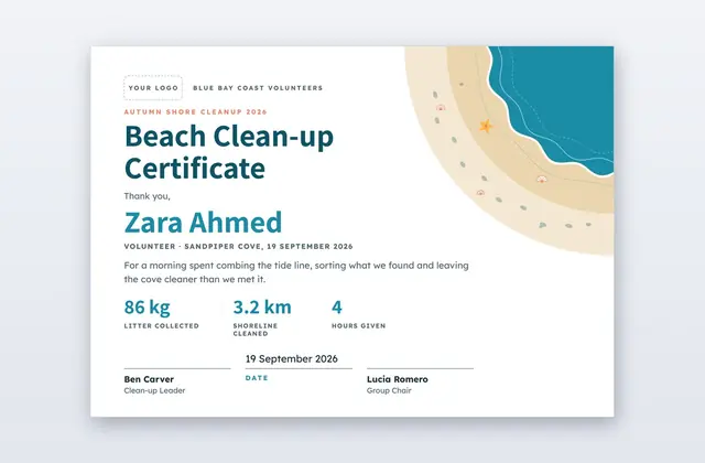 Free Beach Clean-up Certificate Template – Ashore