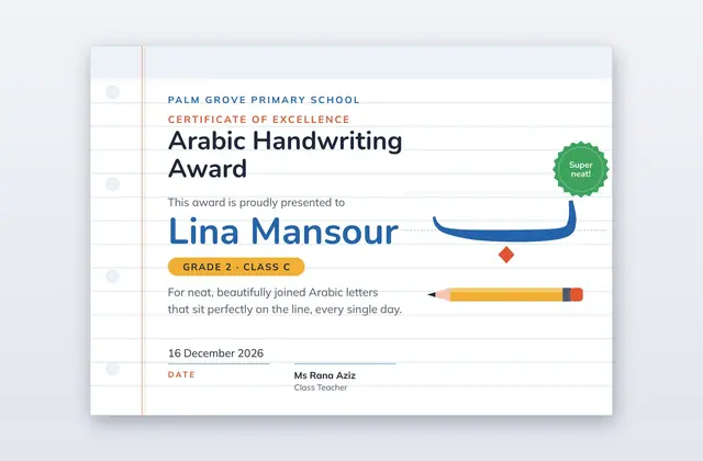 Free Arabic Handwriting Award Template – Neat Hand