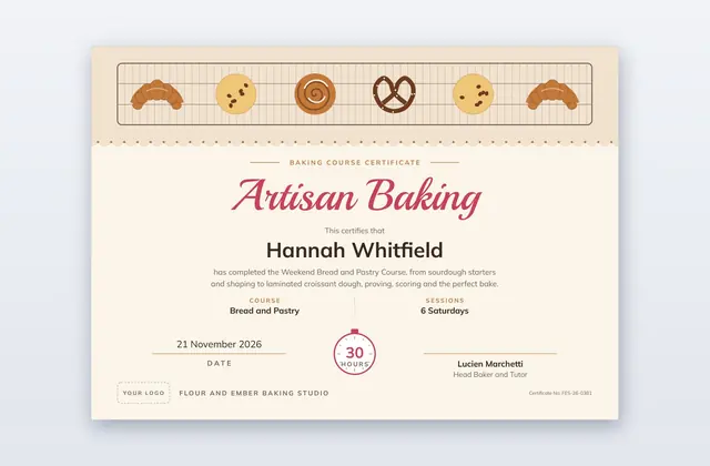 Free Baking Course Certificate Template – Rise Time