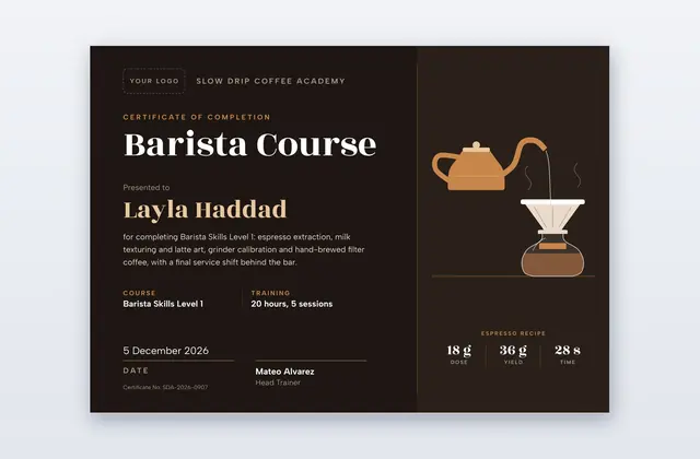 Free Barista Course Certificate Template – Pour Over