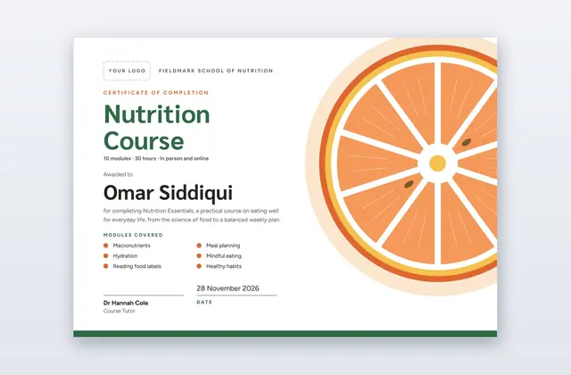 Free Nutrition Course Certificate Template – Segments