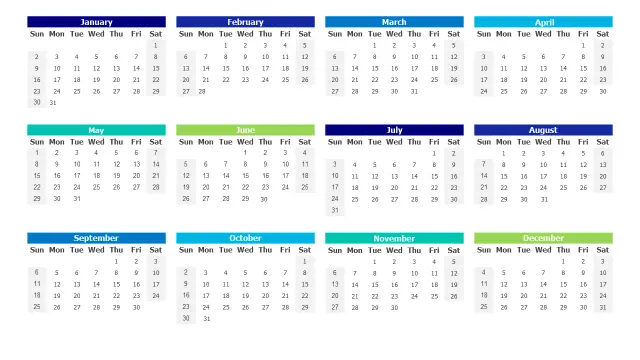 Twelve Month Grid Calendar Layout | Calendar | PPT Design