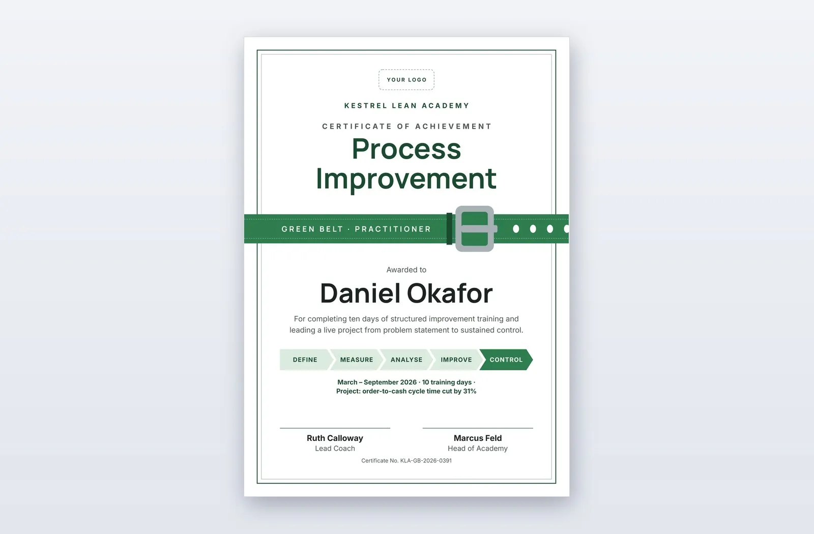 Free Process Improvement Green Belt Certificate Template – Notch