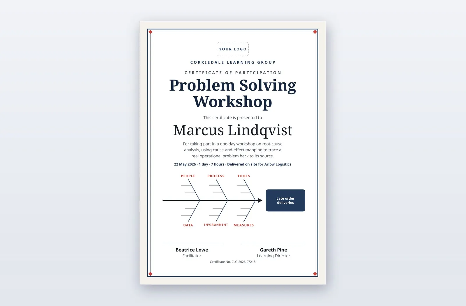 Free Problem Solving Workshop Certificate Template – Main Spine
