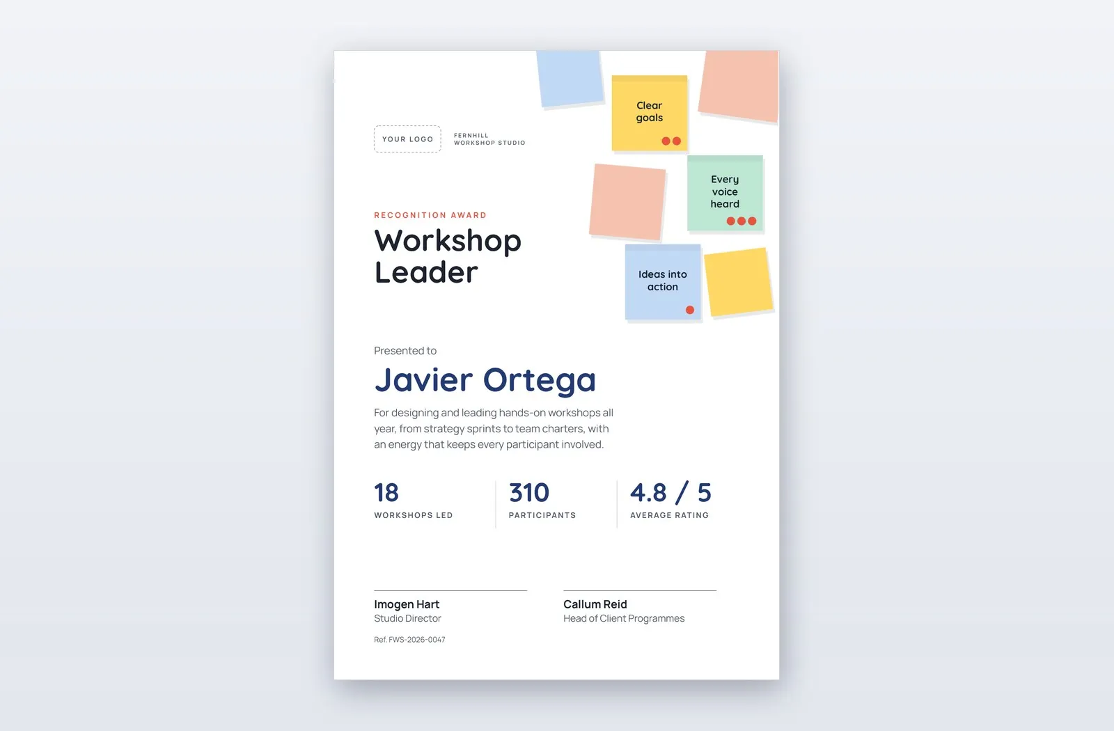 Sticky Note Memo Sample Free Workshop Leader Recognition Certificate Template – Pinwall