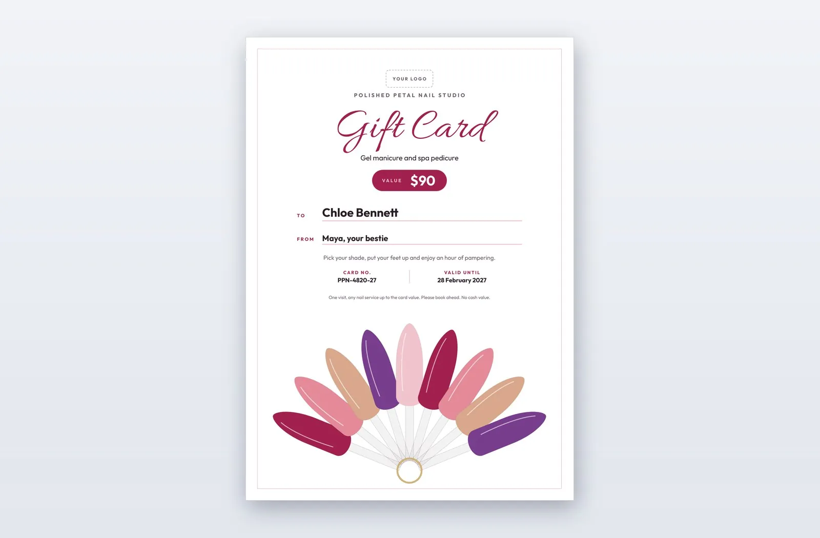 Free Nail Studio Gift Card Template – Almond | PPT-Design