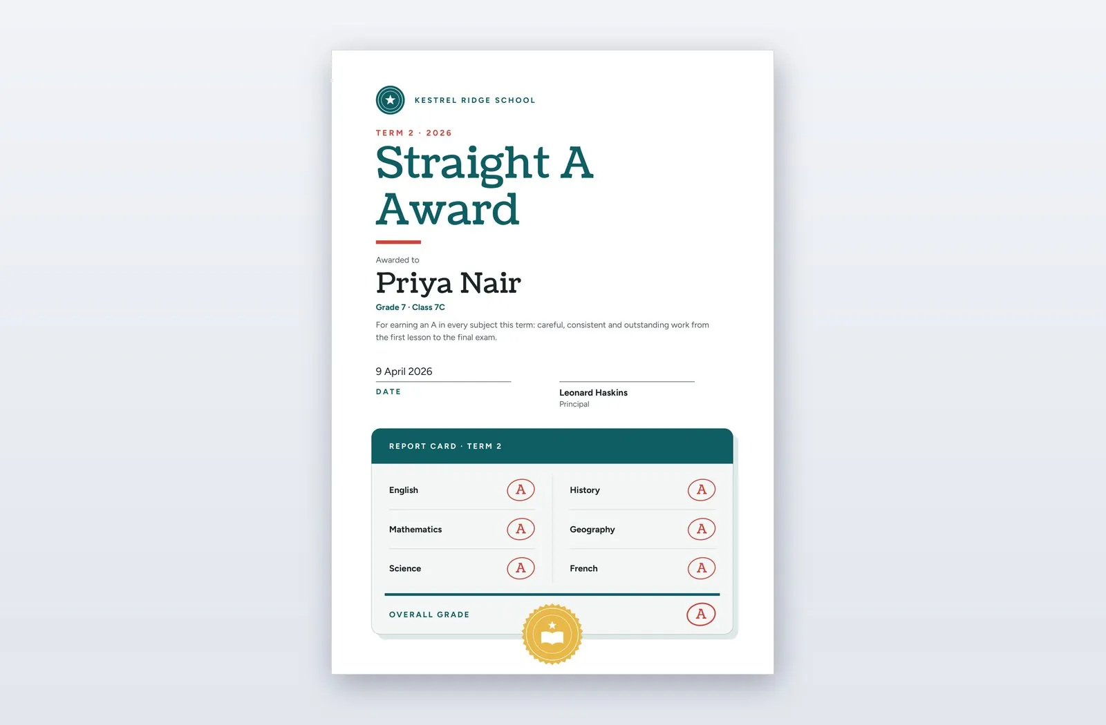 Free Straight A Award Certificate Template – Column A