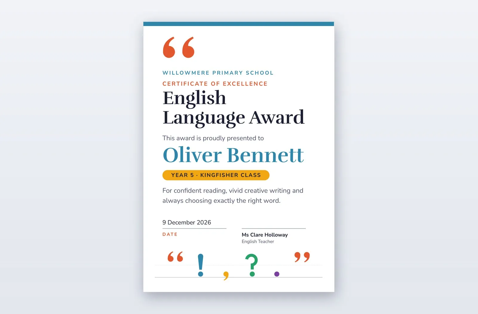 Free English Language Award Certificate Template – Punctuate