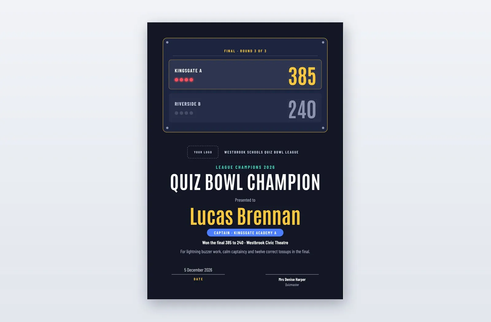 Free Quiz Bowl Champion Certificate Template – Acumen
