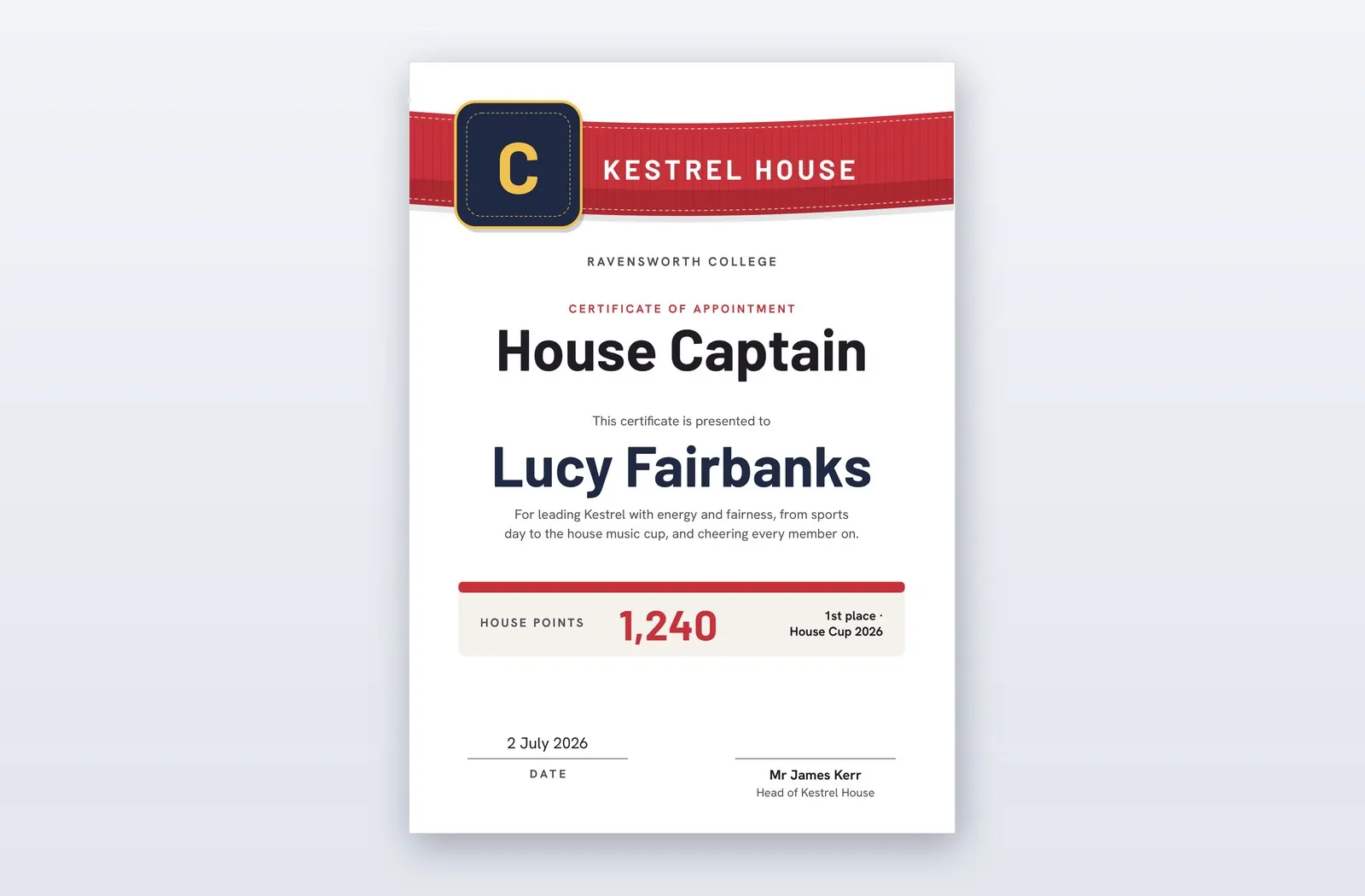 Free House Captain Certificate Template – Brassard