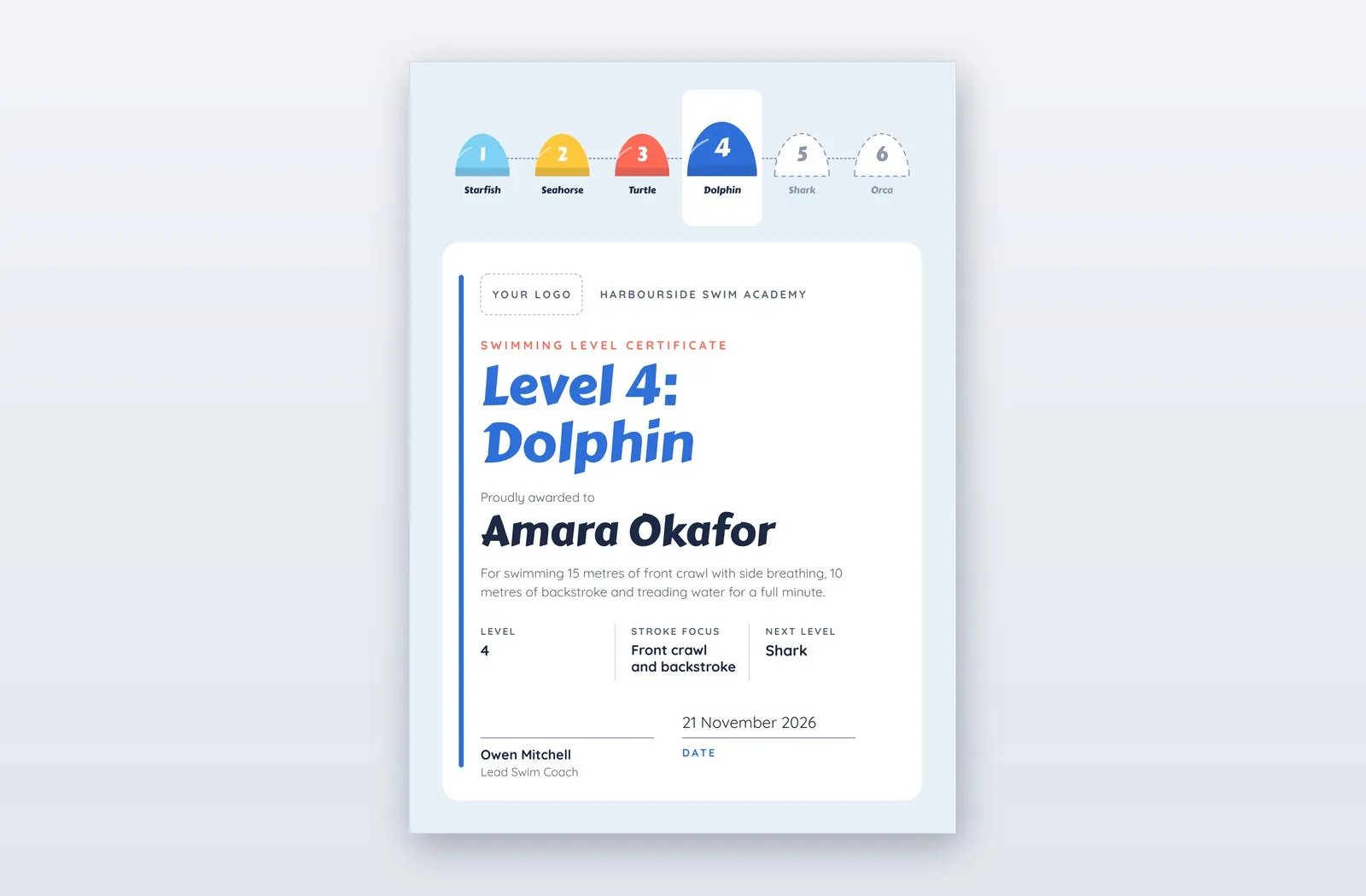 Free Swimming Level Certificate Template – Colour Cap