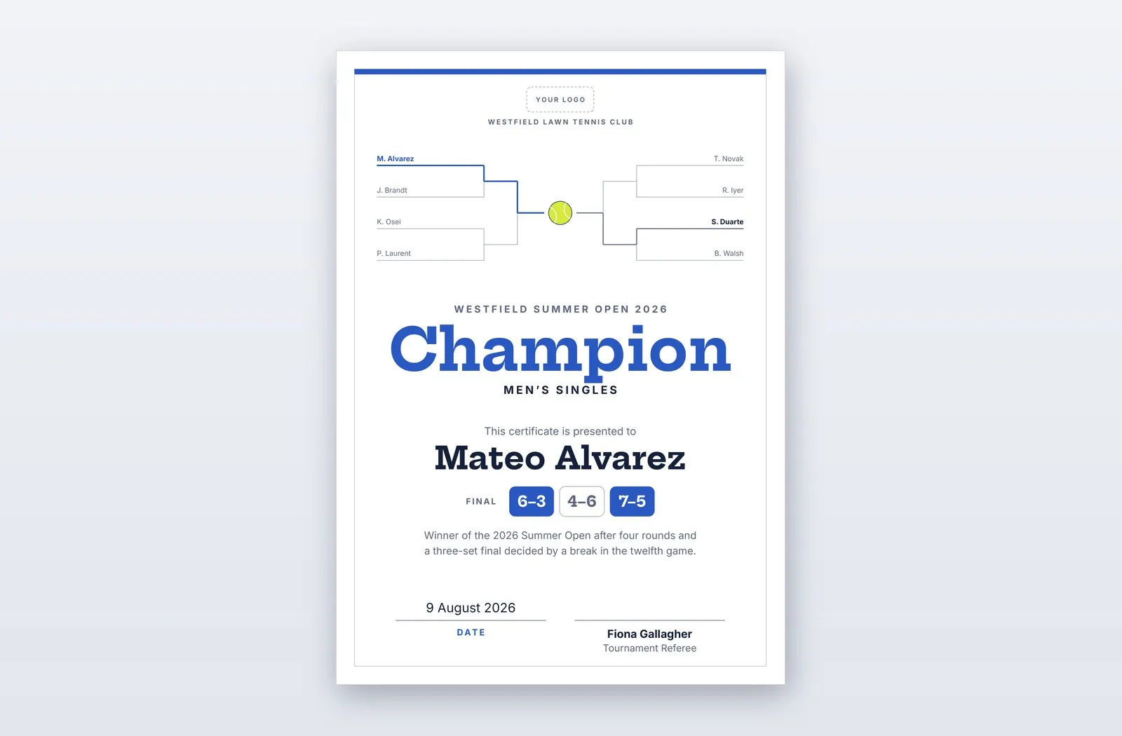Free Tennis Tournament Champion Certificate Template – Final Draw