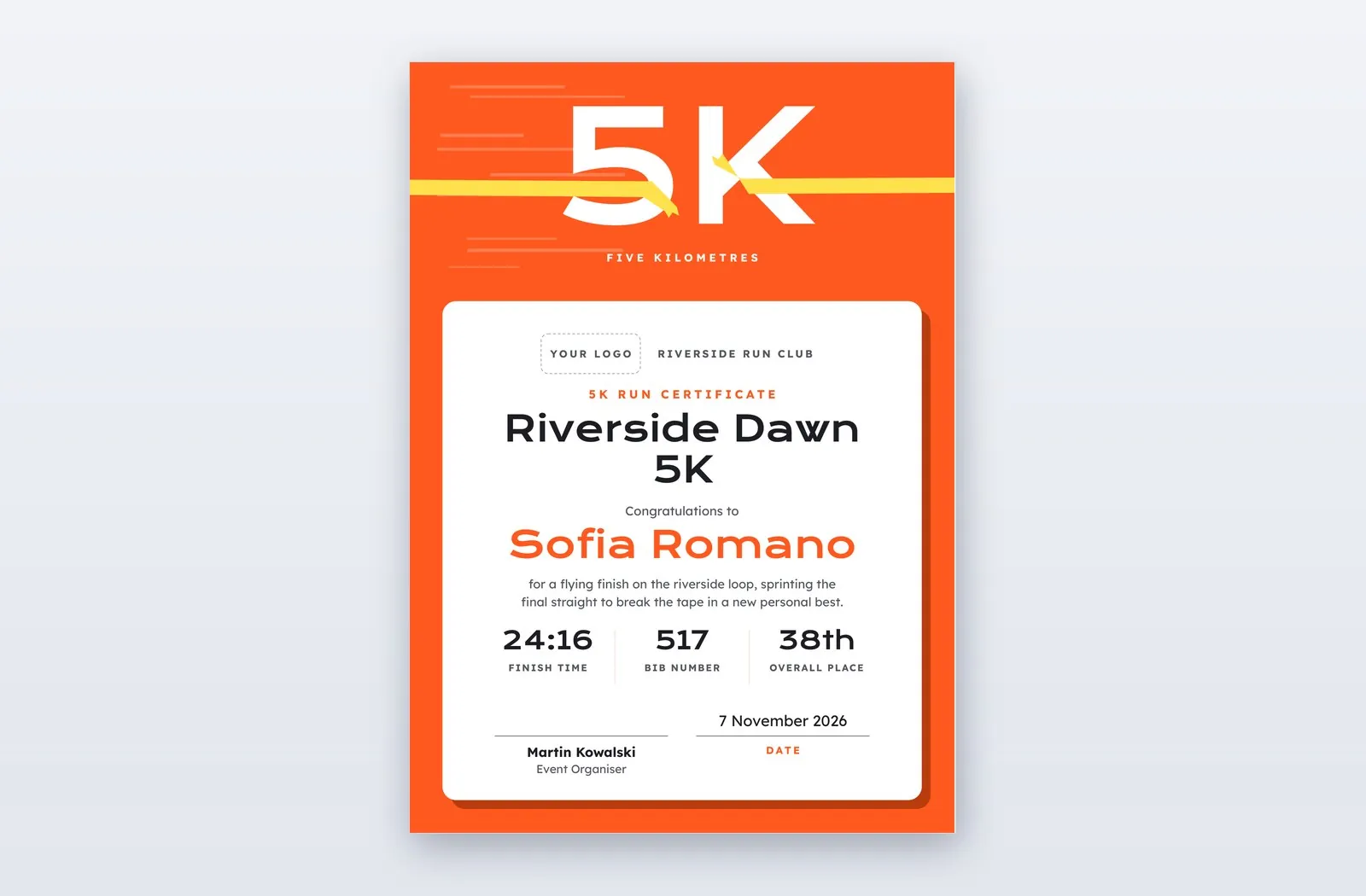 Orange Powerpoint Layout Free 5K Run Certificate Template – Kick | PPT-Design