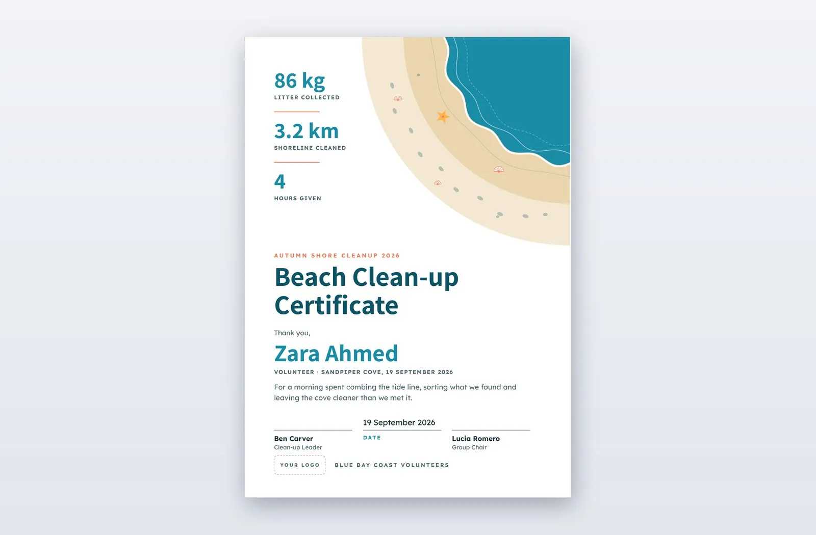 Turquoise Powerpoint Slide Free Beach Clean-up Certificate Template – Ashore