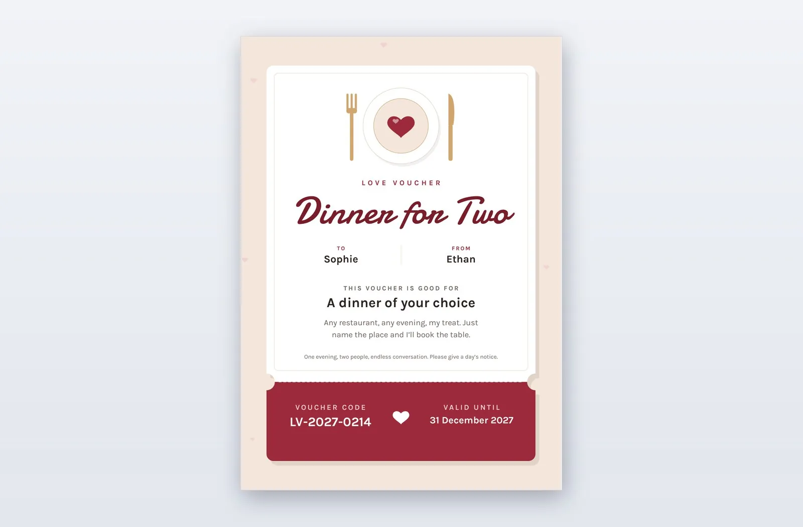Free Love Voucher Template – Dinner for Two | PPT-Design