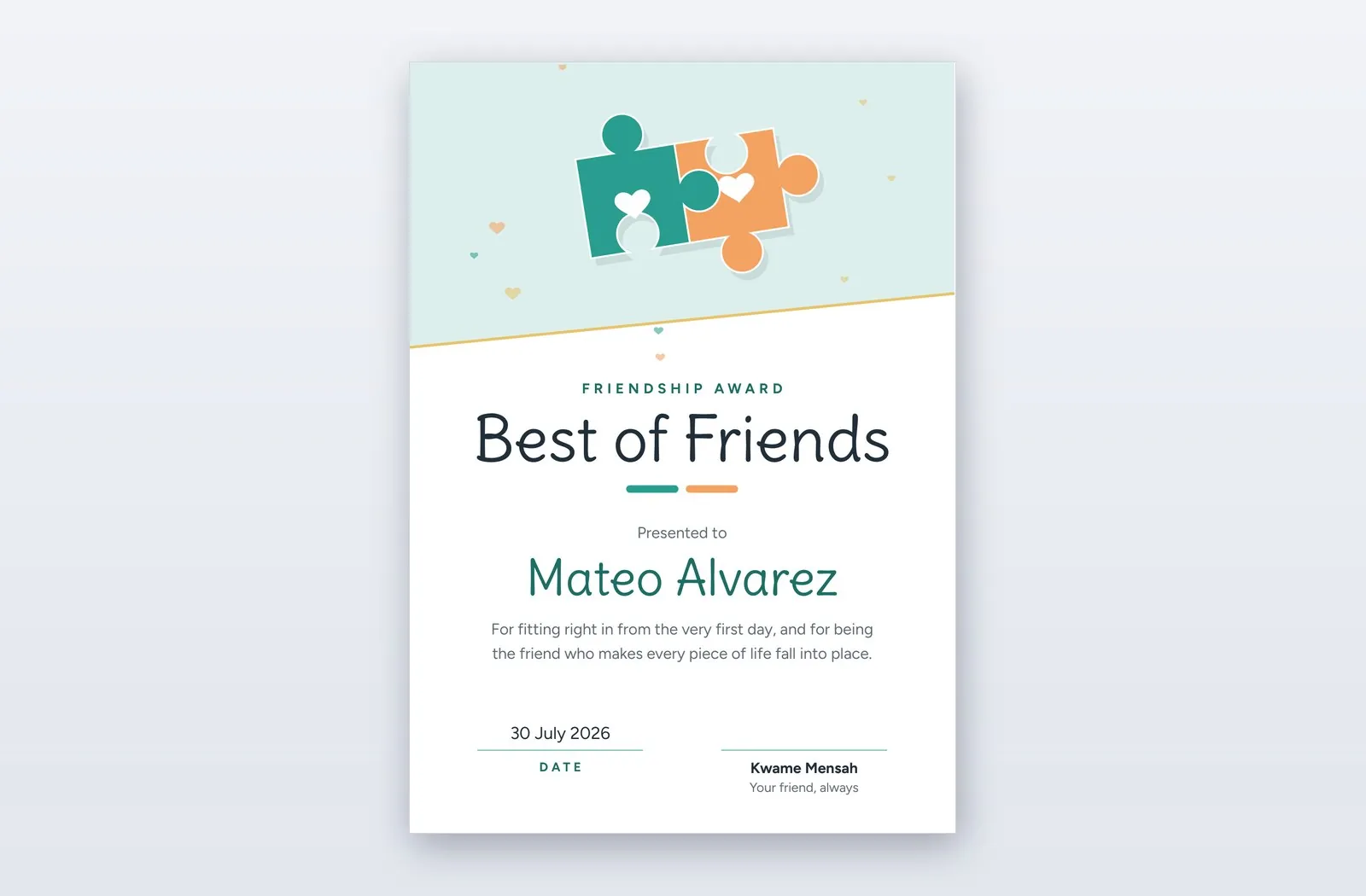 Free Friendship Award Template – Duet | PPT-Design