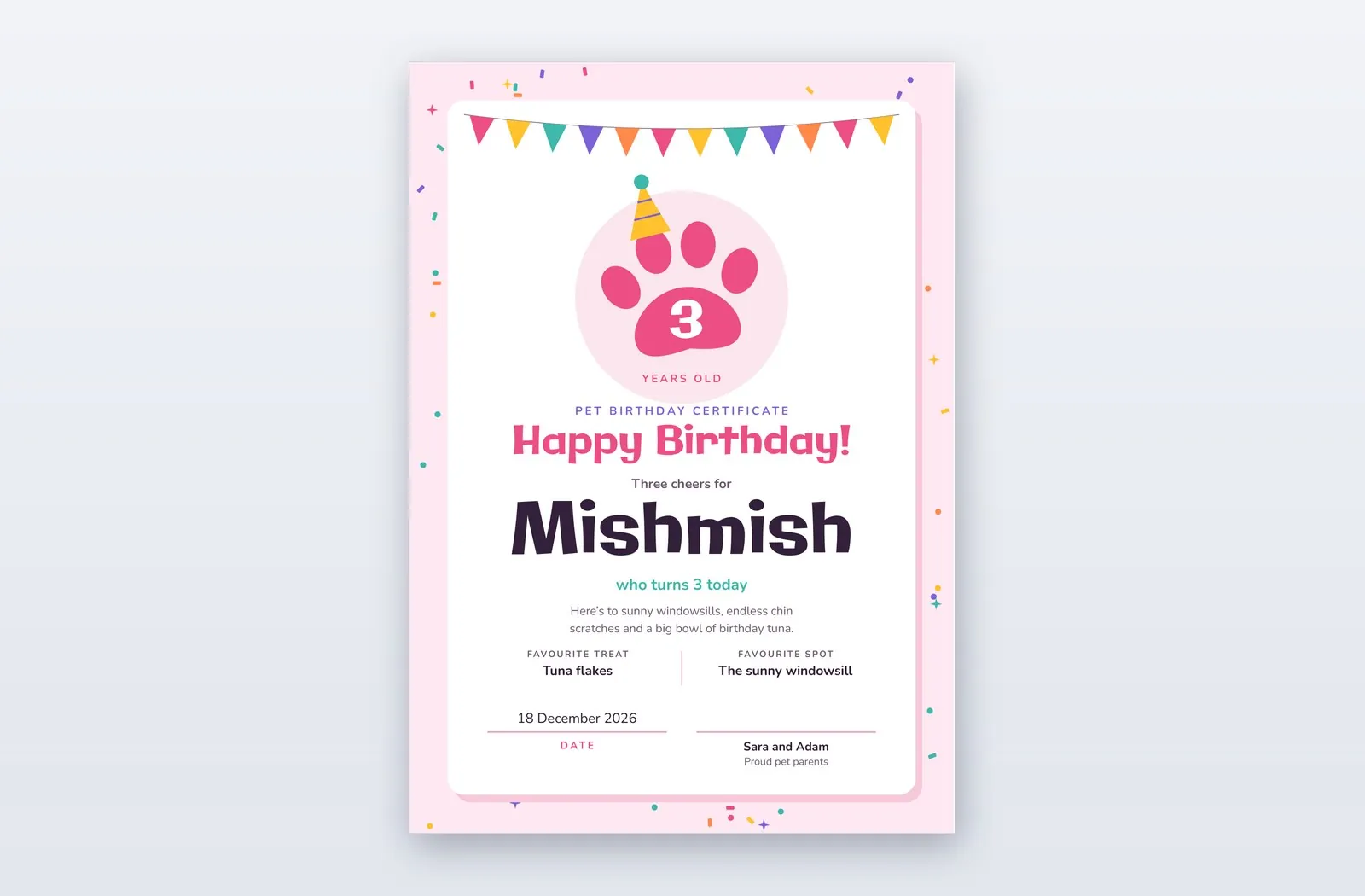 Certificado de cumpleaños de la mascota – plantilla Happy Paws