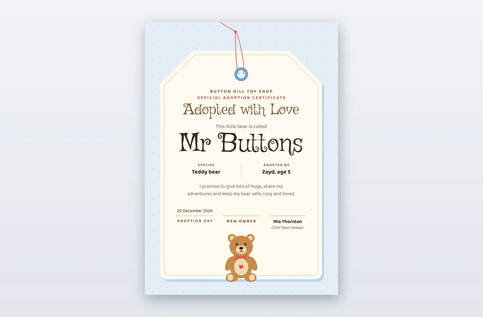 Free Stuffed Animal Adoption Certificate Template – Hug Tag