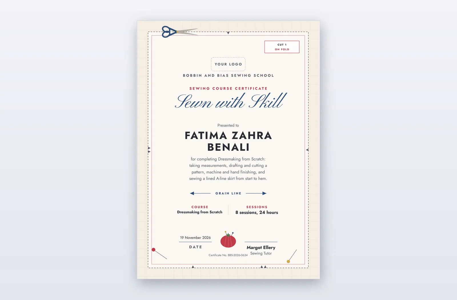 Free Sewing Course Certificate Template – Pattern Piece