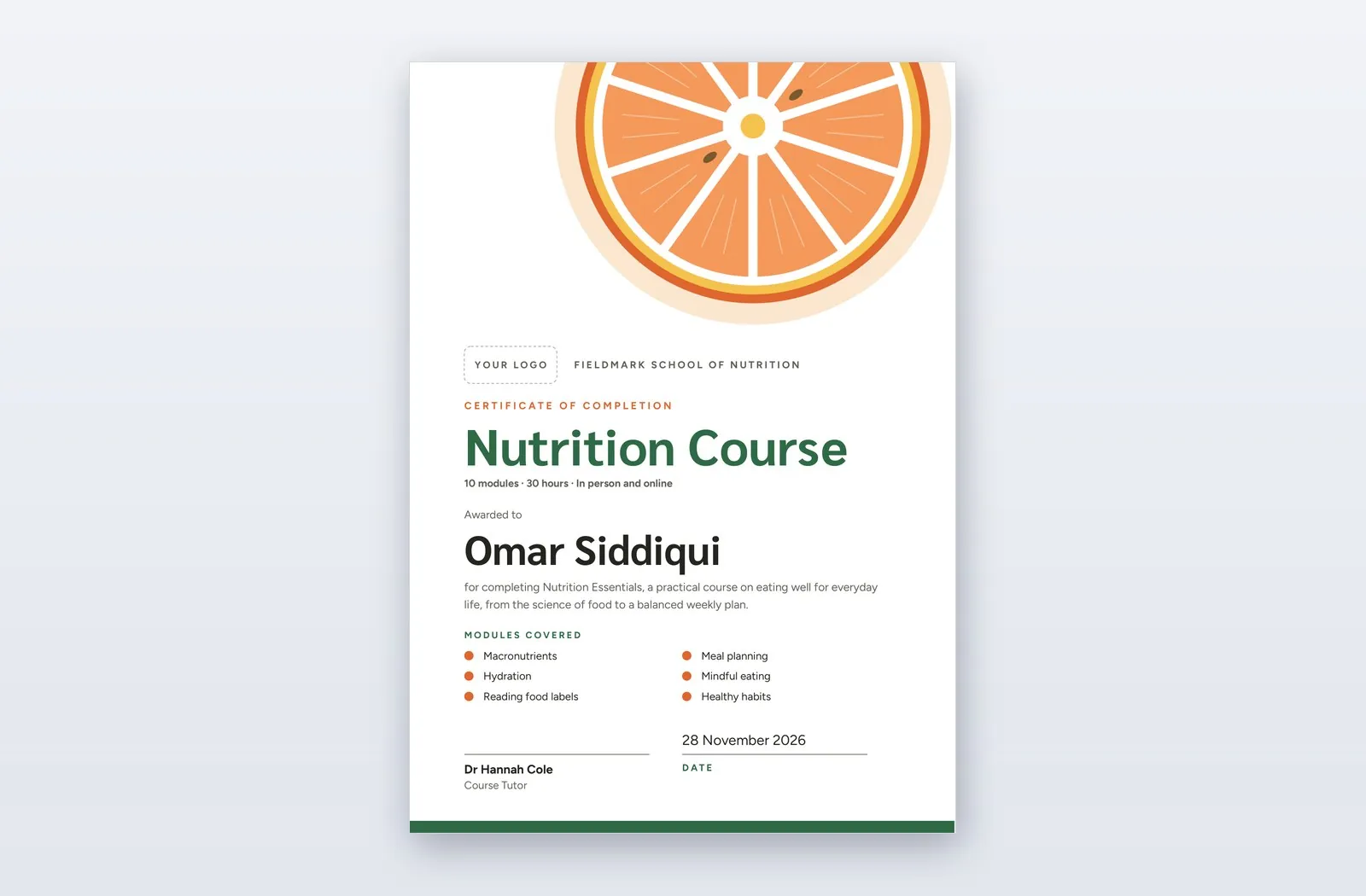 Free Nutrition Course Certificate Template – Segments